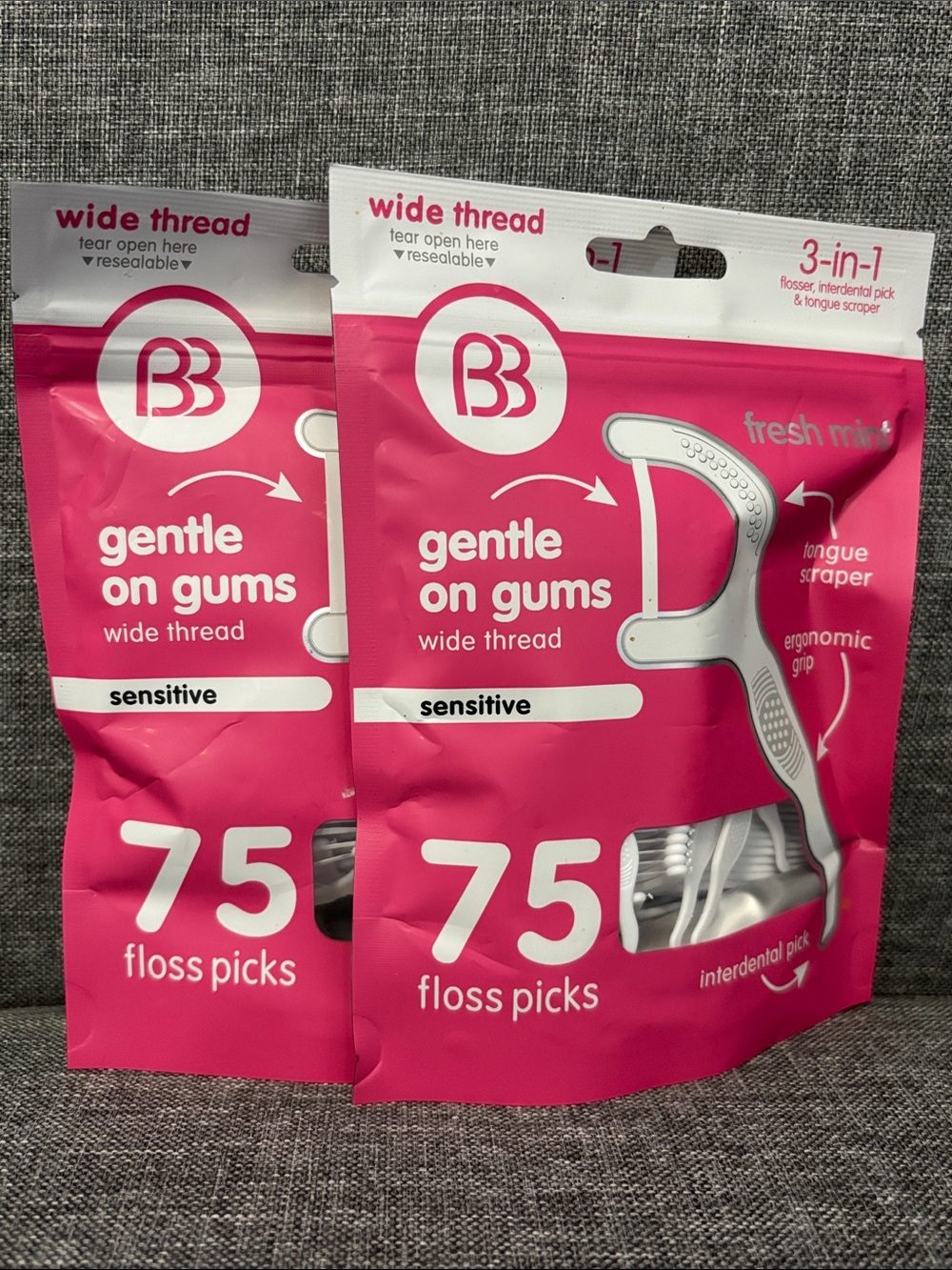 2 packs of Gentle on Gums Sensitive Wide Thread Floss Picks - Pink (75 Count)